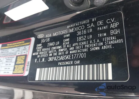 2019 Kia Rio 5-Door S z USA, uszkodzony, nr VIN 3KPA25AB5KE177701